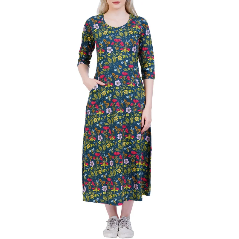  Women's A-Line DressesPollinator 3/4th Sleeves Midi Dress (With Waist Seam)