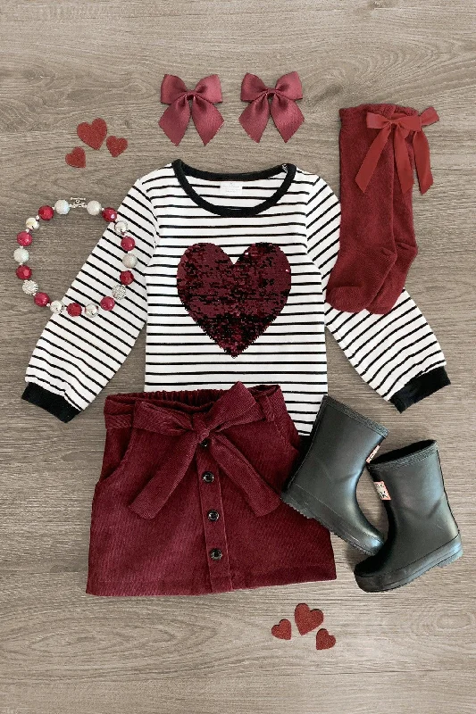 Women's High-Waisted SkirtsStriped Heart Burgundy Skirt Set