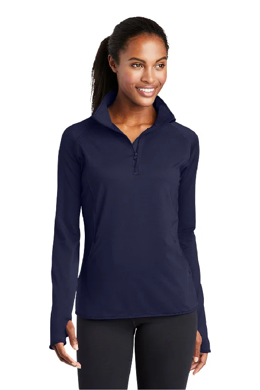 Women's Hooded Sweatshirts with Wool LiningSport-Tek Womens Sport-Wick Moisture Wicking 1/4 Zip Sweatshirt w/ Pouch Pocket - True Navy Blue