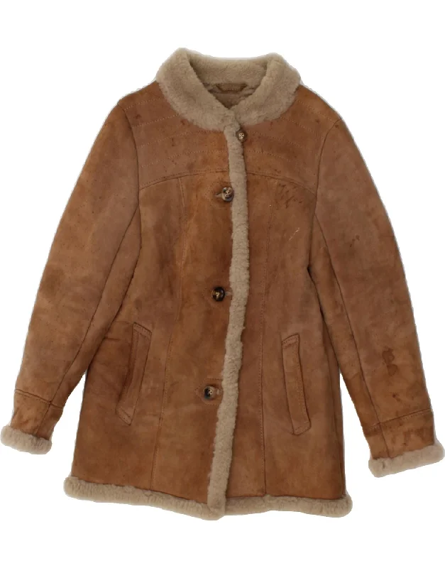 Women's Coats with Fur Trimmed SleevesVINTAGE Womens Shearling Coat UK 12 Medium Brown Leather