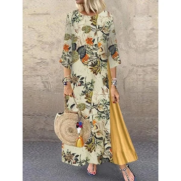 Women's Square-Neck DressesFashionSierra - Women Summer Boho Floral O Neck Long Sleeve Maxi Dress Ladies Casual Loose Dress Oversized Kaftan Beach Sundress