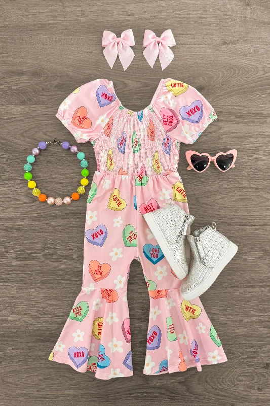 Women's Jumpsuits with Sweetheart CollarPink Candy Hearts Bell Bottom Jumpsuit