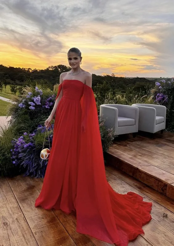 Women's Wrap DressesEvening Dresses Off Shoulder Long A Line Prom Dress Elegant Chiffon Formal Party Dress with Train      S5390