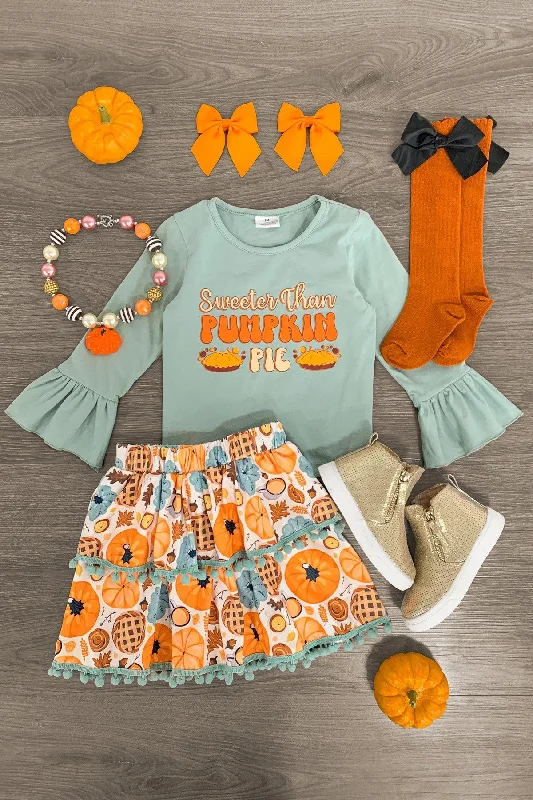 Women's High-Waisted Skirts"Sweeter Than Pumpkin Pie" Pom Pom Skirt Set