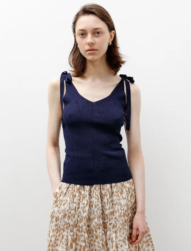 Women's Blouse with Lapel CollarKnit Bows Strap Top Navy