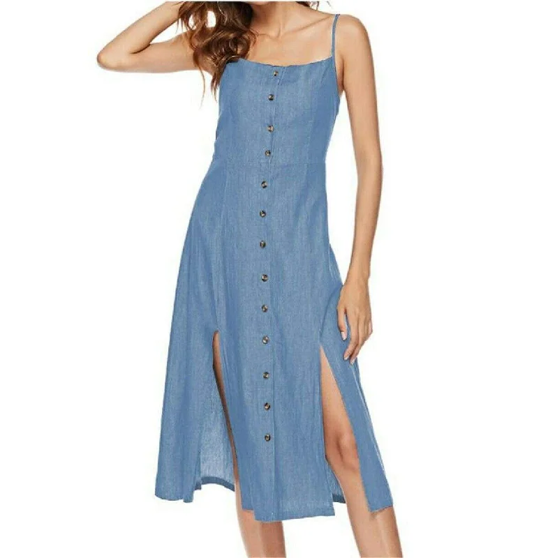 Women's Narrow Collar DressesFashionSierra - New Women's Long Maxi Slim Dress Fashion Ladies Summer Denim Sleeveless Solid Casual Loose Beach Sundress