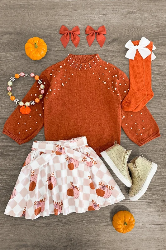 Women's Seamless SkirtsBurnt Orange Pearl Sweater Checkered Pumpkin Skirt Set