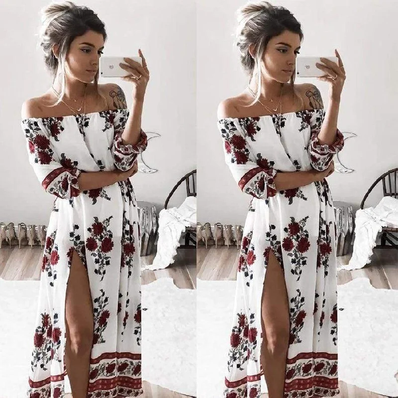 Women's V-Shaped Collar DressesFashionSierra - Women Ladies Clothing Dress Chiffon Floral Long Sleeve Party Flower Casual Long Maxi Dresses Women Summer Sundress