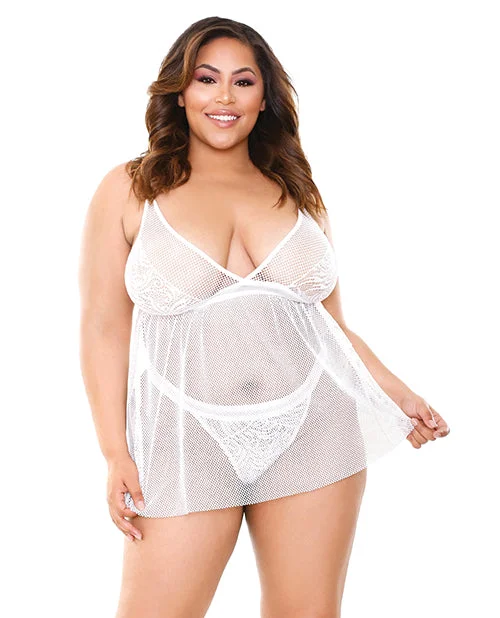 wireless bra with molded cupsCurve Isla Lace & Net Babydoll W-panty White 3x-4x