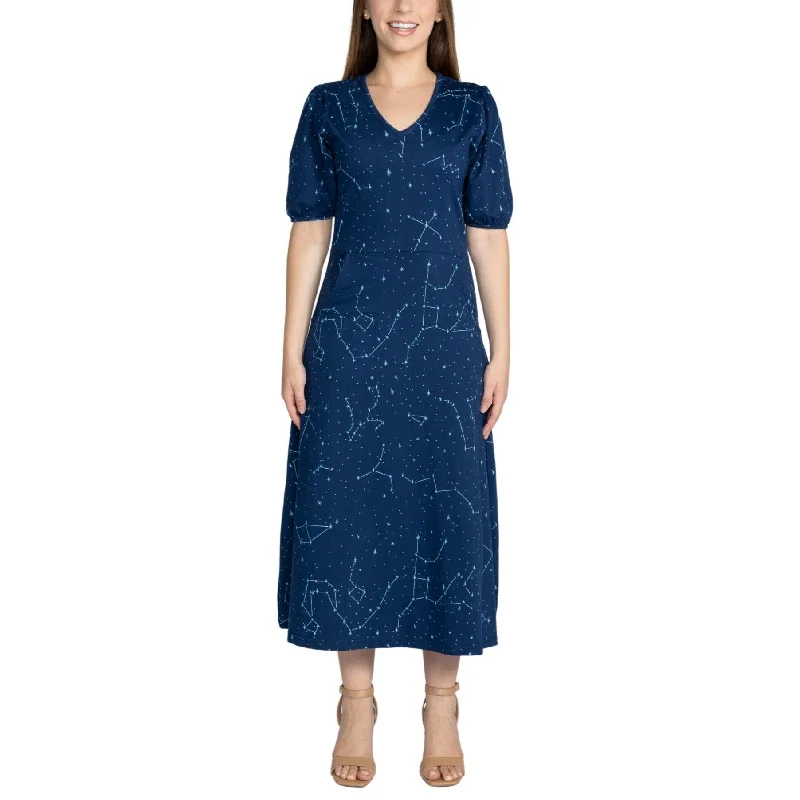 Women's Wrap DressesConstellations Glow-in-the-Dark Navy Long Midi Dress (With Waist Seam)