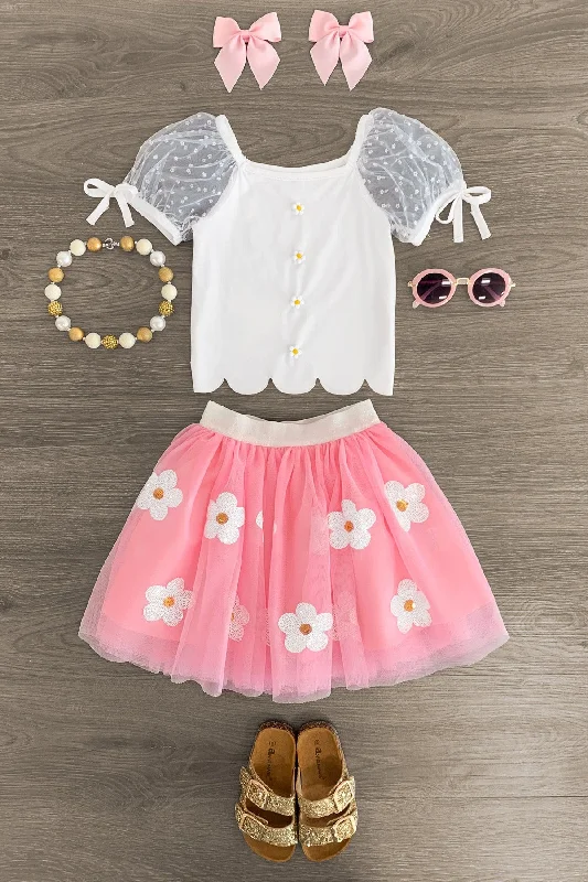 Women's Knit SkirtsPink & White Daisy Tutu Skirt Set