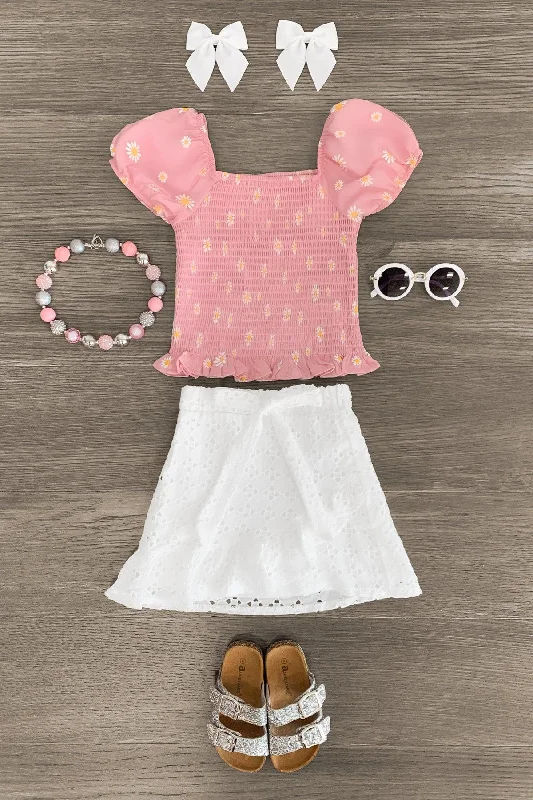 Women's Striped SkirtsPink & White Daisy Skirt Set