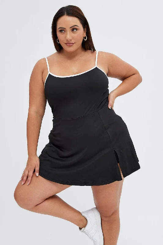 Women's Bermuda ShortsBlack Tennis Dress With Inbuilt Shorts Jersey Contrast