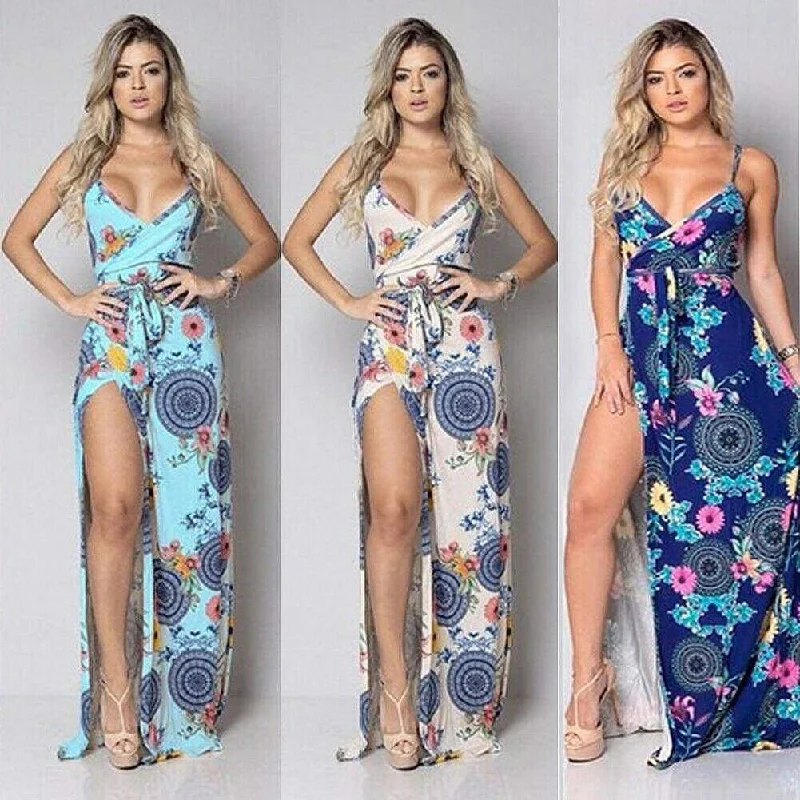 Women's Sweetheart-Neck DressesFashionSierra - New Women Summer Vintage Boho Sleeveless Long Maxi Dress Ladies V-Neck Fashion Beach Party Dress Sundress