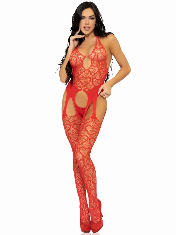 lingerie bra set with matching pantiesSeamless Heart Net Suspender Bodystocking - One  Size - Red