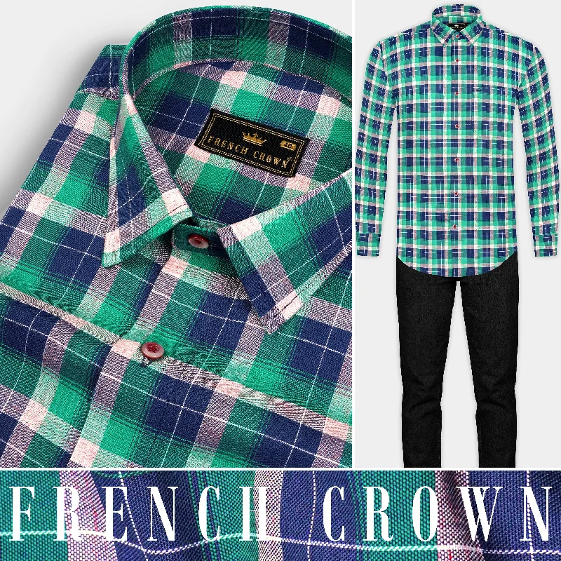 Women's Blouse for PartyChambray Blue and Topaz Green Plaid Royal Oxford Shirt