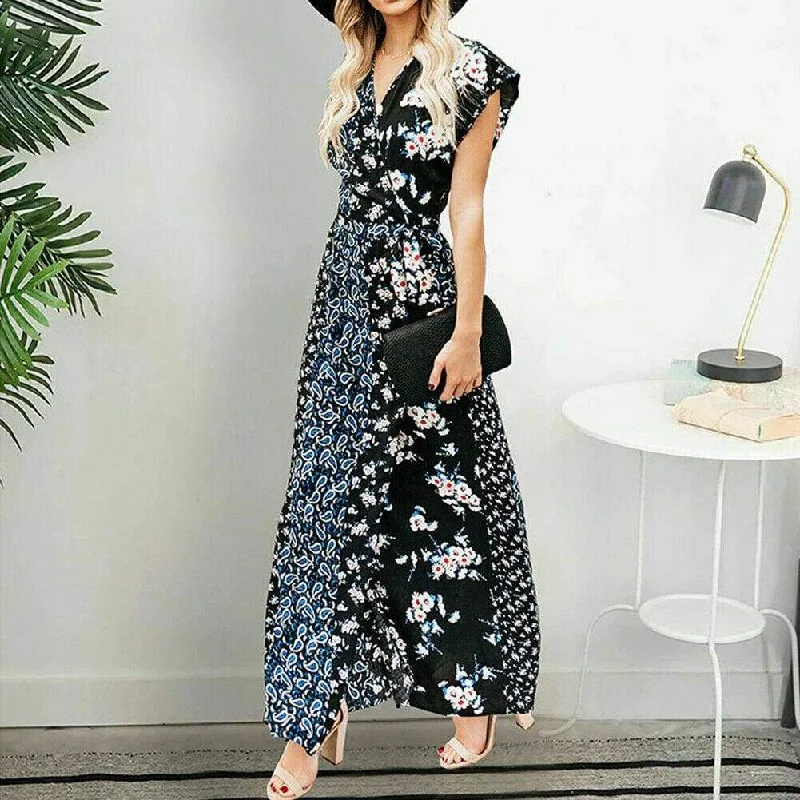 Women's V-Neck DressesFashionSierra - New Women Boho Floral Long Maxi Loose Dress Evening Party Beach Summer Fashion Elegant Sexy Sundress Sleeveless Slimmer Clothes