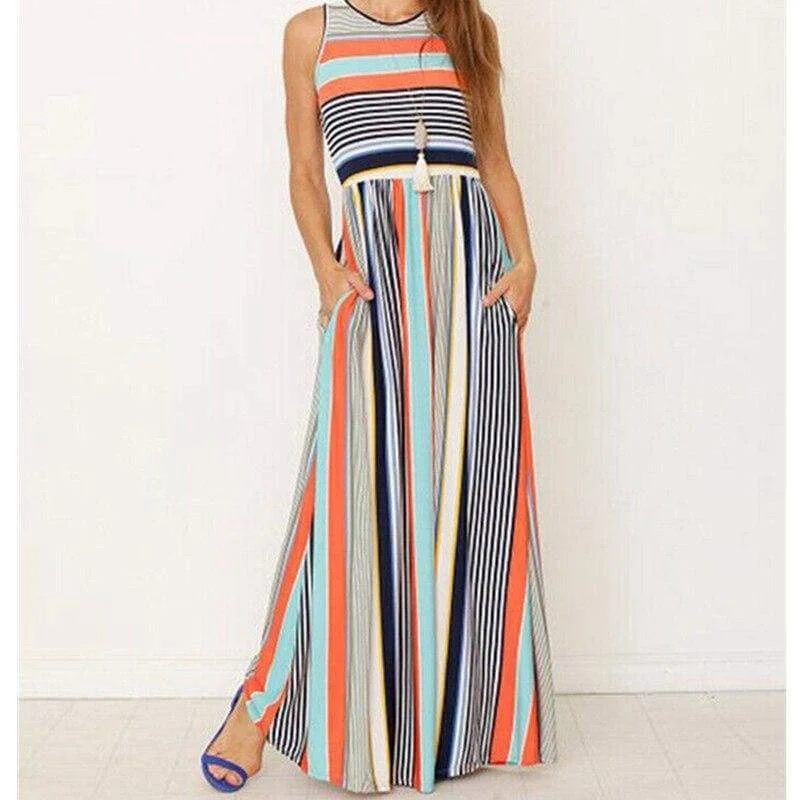 Women's Narrow Collar DressesFashionSierra - Women Ladies Boho Stripe Bodycon Sleeveless Maxi Dress Pocket High Waist Summer Beach Dress Sundress New