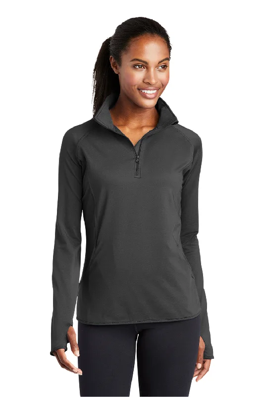 Women's Hooded Sweatshirts with Hidden PocketsSport-Tek Womens Sport-Wick Moisture Wicking 1/4 Zip Sweatshirt w/ Pouch Pocket - Charcoal Grey