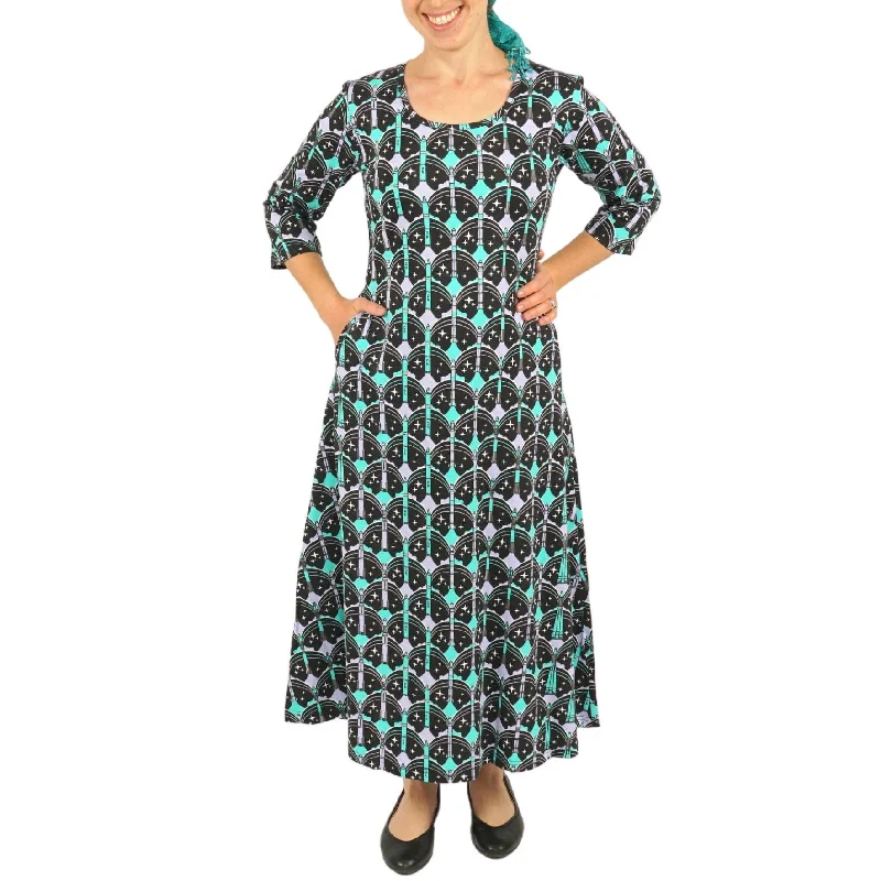 Women's Round-Neck DressesRockets Galore 3/4th Sleeves Midi Dress (No Waist Seam) [FINAL SALE]