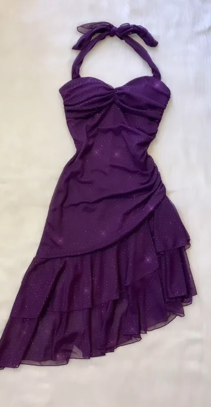 Women's Shift DressesPurple Shinny Halter Irregular Prom Dress Party Dress       S6251