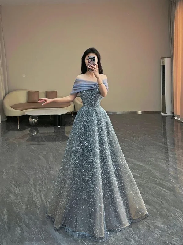 Women's Lapel Collar DressesModest Ball Gown Off The Shoulder Sequin Long Party Dress Gray Prom Dress         S6256