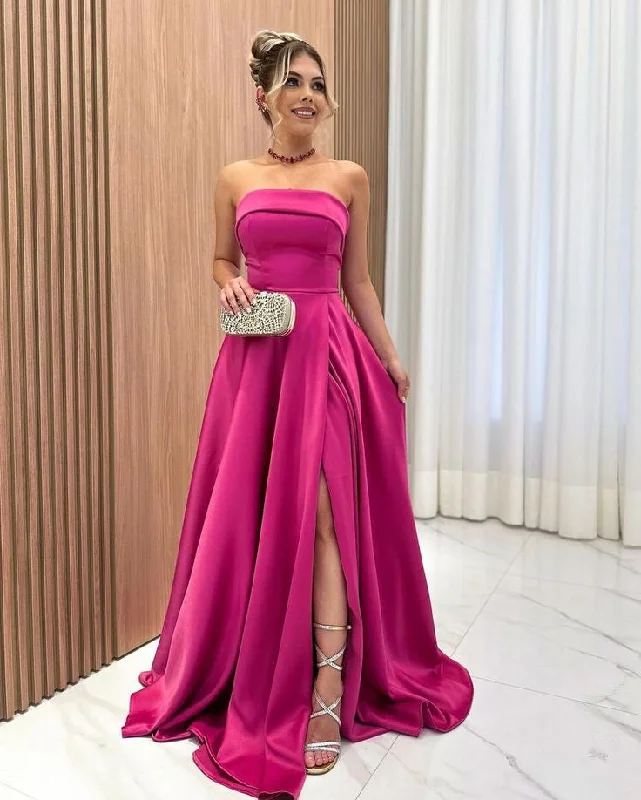 Women's U-Shaped-Neck DressesElegant Long Fuchsia Satin Prom Dresses With Pockets A-Line Strapless Floor Length Lace Up Back Sweep Train Evening Party Gowns      S6287