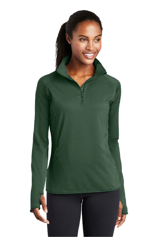 Women's Hooded Sweatshirts with Fitted WaistSport-Tek Womens Sport-Wick Moisture Wicking 1/4 Zip Sweatshirt w/ Pouch Pocket - Forest Green