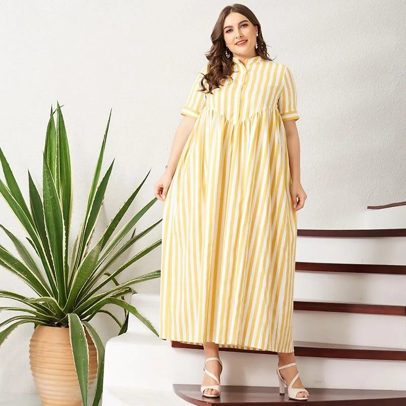 Women's Sweetheart Collar DressesFashionSierra - New Summer Women Yellow Striped Long Dress Button Short-Sleeve Maxi Dress Plus Size Dress Casual Loose Fat Large Dresses