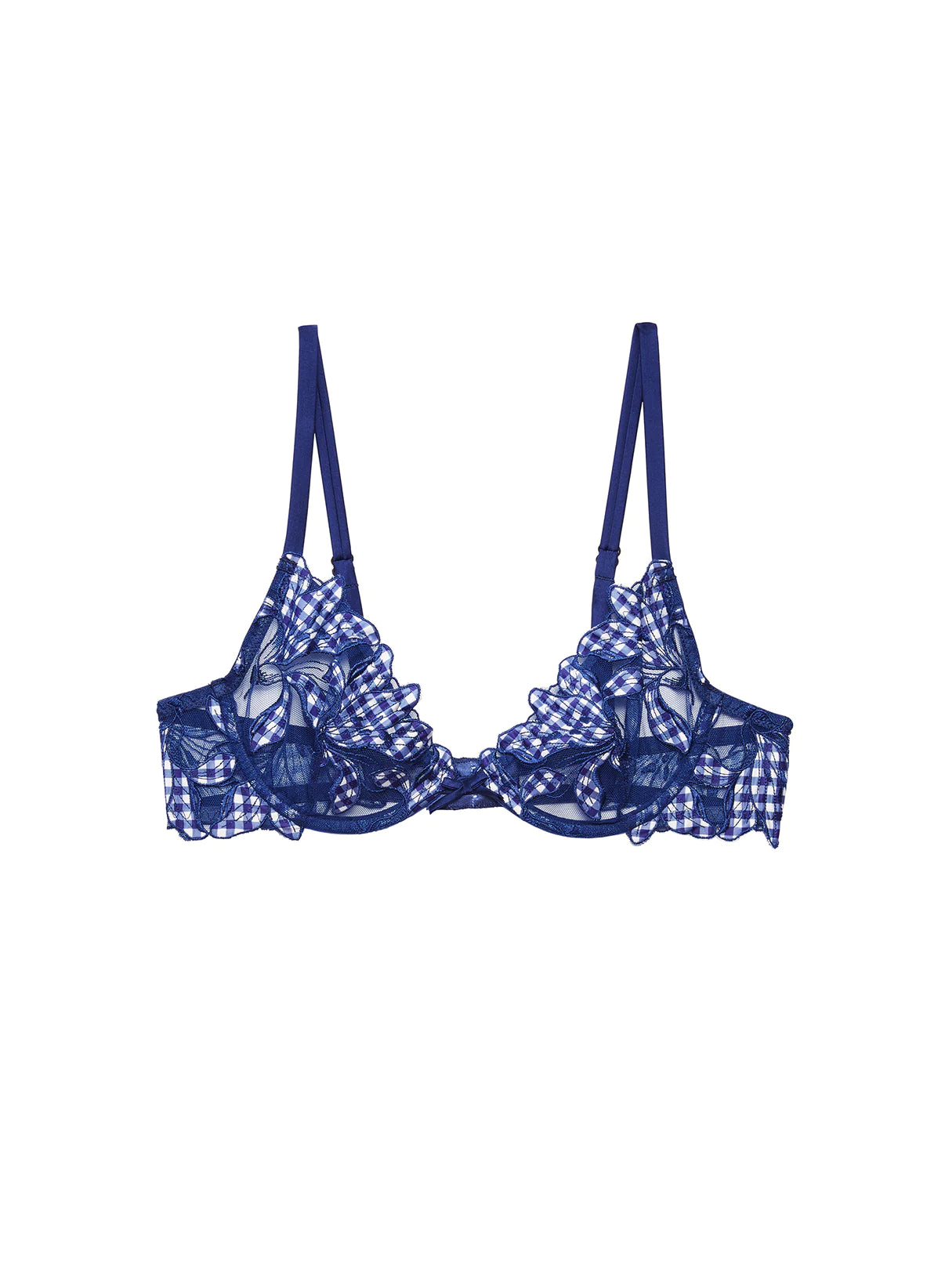 wireless bra with front closure for comfortStarry Blue Gingham Fuller Cup Lily Embroidery Demi Bra