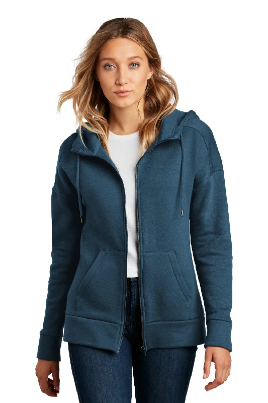 Women's Hooded Sweatshirts with Quick-Dry FabricDistrict Womens Perfect Weight Fleece Full Zip Hooded Sweatshirt Hoodie w/ Pockets - Heather Poseidon Blue - Closeout