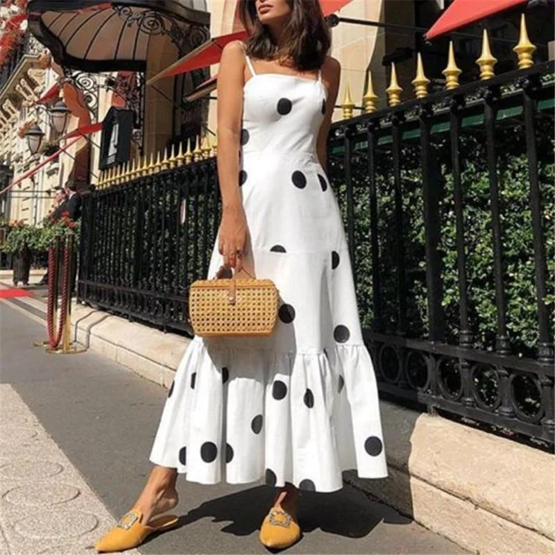 Women's Lapel Collar DressesFashionSierra - Polka dot long maxi dress Summer sleeveless ruffles women dress Big dots casaul bohemian dresses Boho beach vestidos mujer