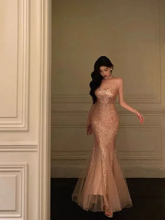 Women's Long-Sleeve DressesRose Gold Sequin Mermaid Long Prom Dress Formal Evening Party Dress       S5357