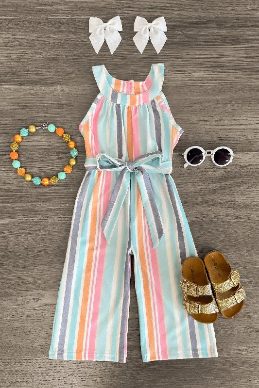 Women's Jumpsuits with Peter Pan CollarPastel Stripe Sleeveless Jumpsuit