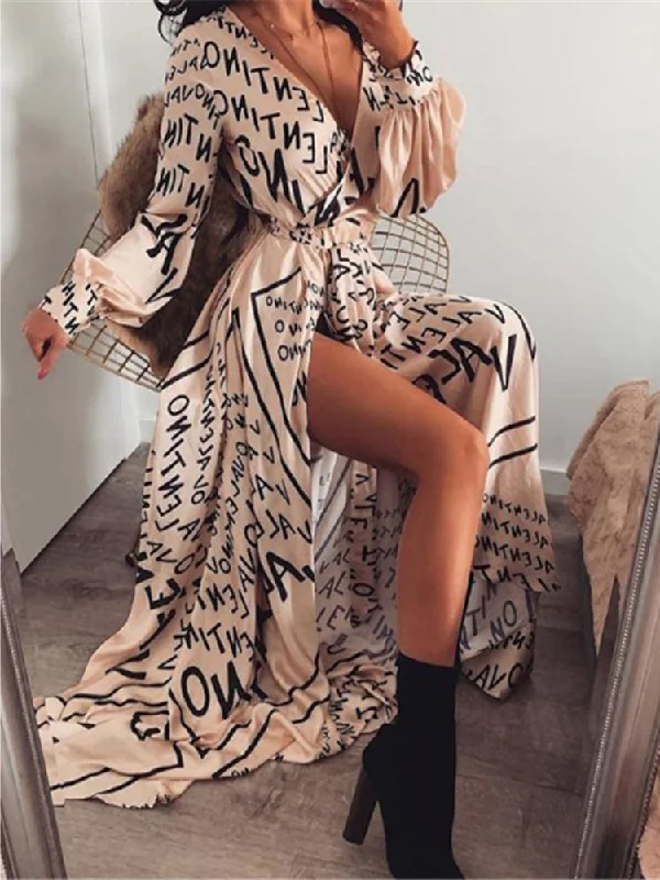 Women's Low Collar DressesFashionSierra - Boho Printed Floral Long Maxi Dress Women Female Casual Loose Ankle-Length Empire V-Neck Long Splits Dresses