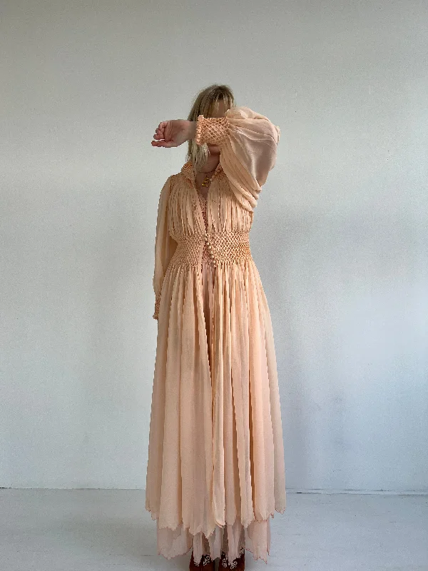 women's pajamas made in USA1930's Peach Silk Chiffon Robe with Diamond Smocking