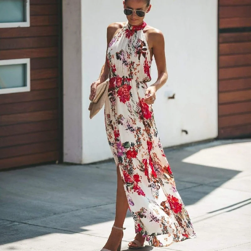 Women's Shirt Collar DressesFashionSierra - Halter Style Women Summer Floral Dress Casual Boho High Waist Long Maxi Holiday Party Sleeveless Loose Dress Clothes