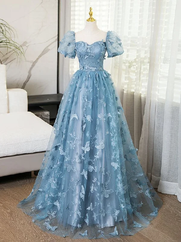 Women's Keyhole Collar DressesBlue Short Sleeves Long Party Dress With Butterfly Lace, Blue Prom Dress      S6261