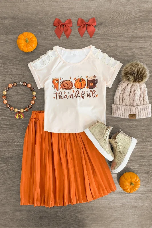 Women's V-Shaped Hem Skirts"Thankful" Orange Pleated Skirt Set