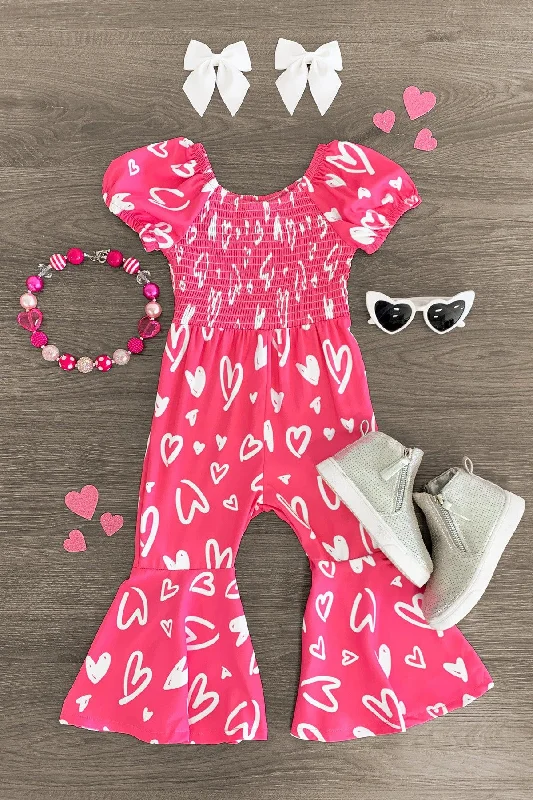 Women's Jumpsuits with SleevesHot Pink Heart Bell Bottom Jumpsuit