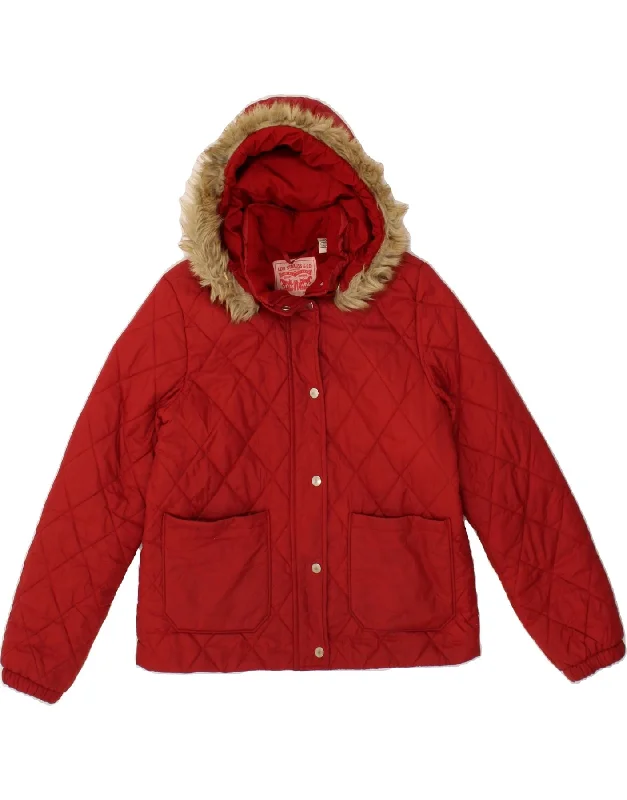 Women's Coats with ZipperLEVI'S Womens Hooded Quilted Jacket UK 14 Medium Red Polyamide