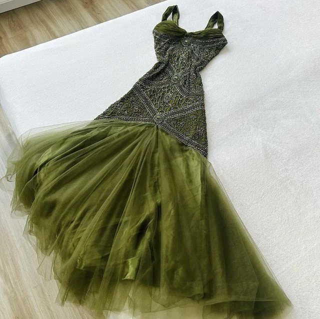 Women's Notched Collar DressesElegant Green Straps Long Prom Dresses Long Evening Party Dress      S5889