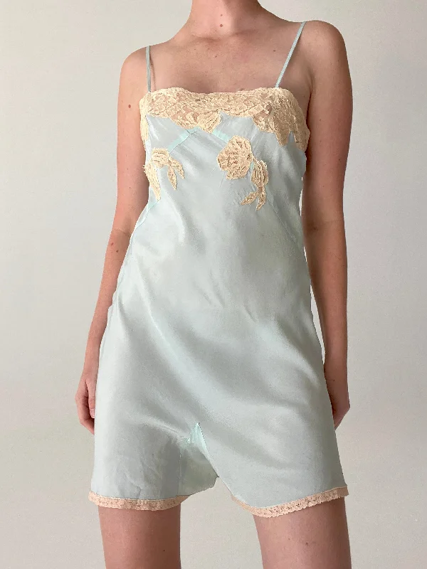 women's pajamas with a relaxed fit1930's Baby Blue Silk Step In With Cream Lace