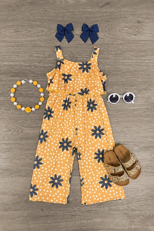 Women's Jumpsuits with Sweetheart NeckMustard Polka Dot & Flower Ruffle Jumpsuit