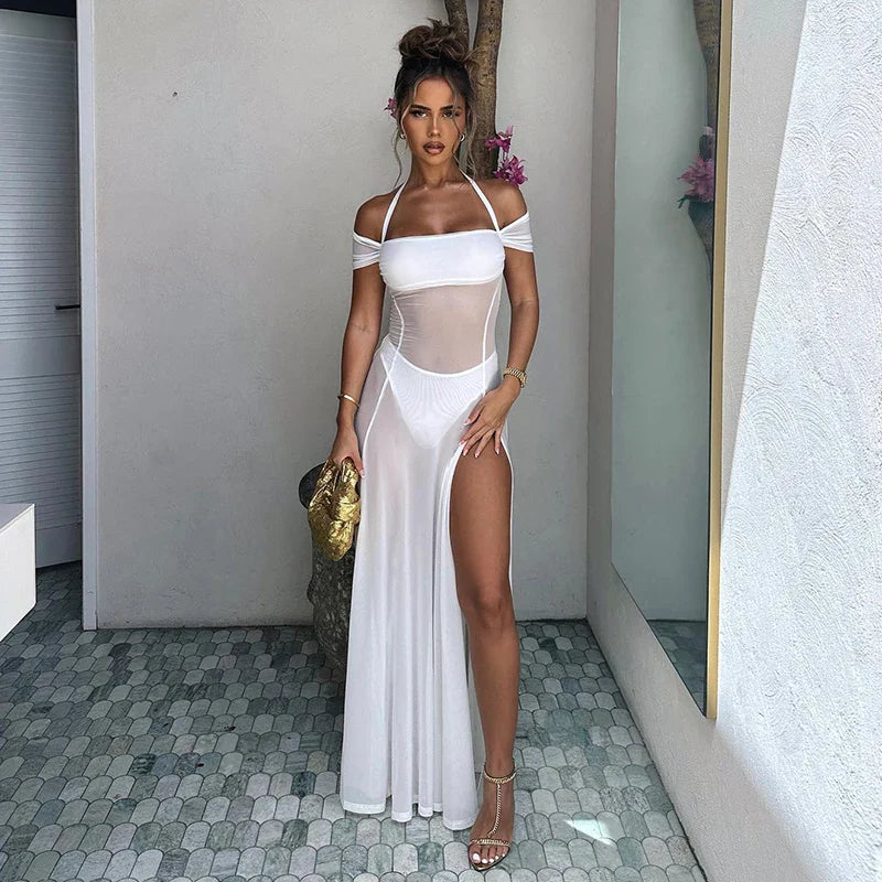 Women's High Collar DressesSummer New Style Halter Neck Mesh See Through High Slit Party Beach Club Clothing Long Women's Maxi Dress