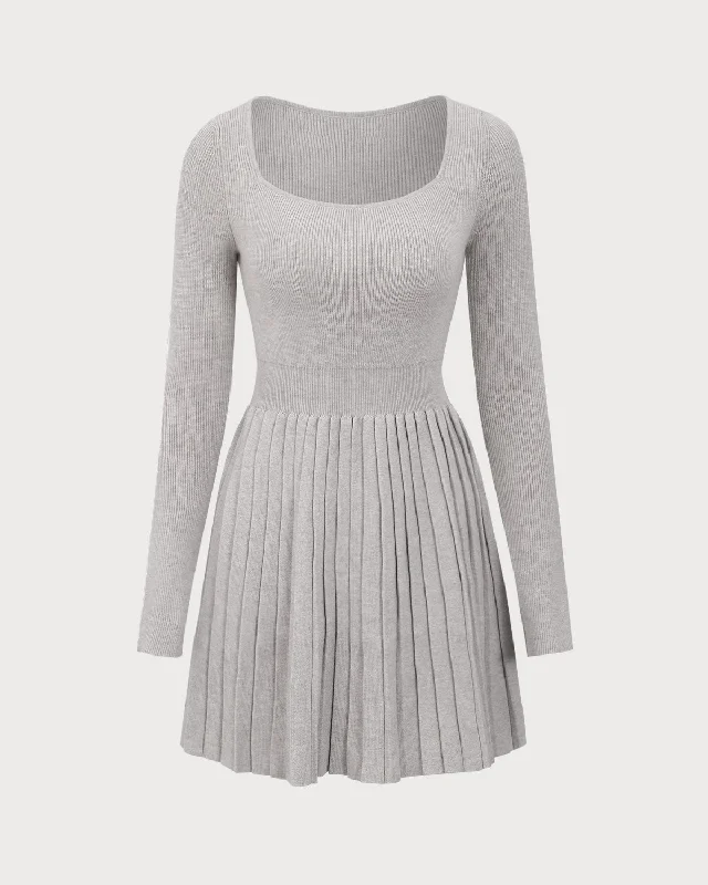 Women's Shirt Collar SweatersApricot Square Neck Pleated Sweater Dress