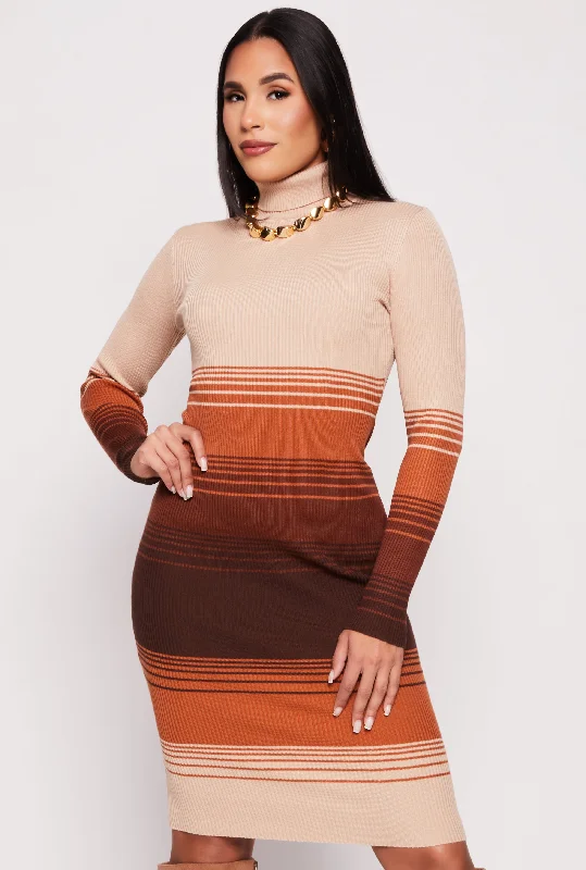 Women's Square Collar DressesAlmost Famous Striped Ribbed Turtleneck Dress