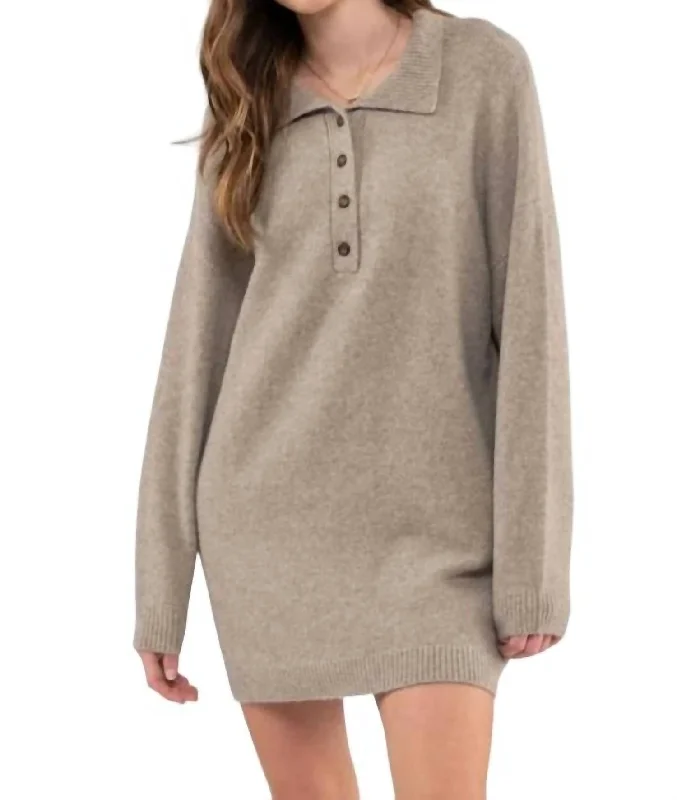 Women's Low Collar SweatersCollared Drop Shoulder Sweater Dress In Taupe