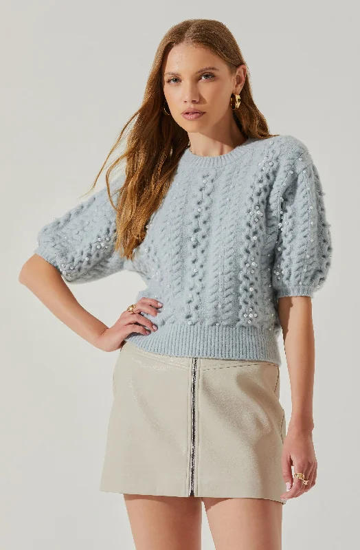 Women's U-Shaped Collar SweatersKoami Embellished Puff Sleeve Sweater