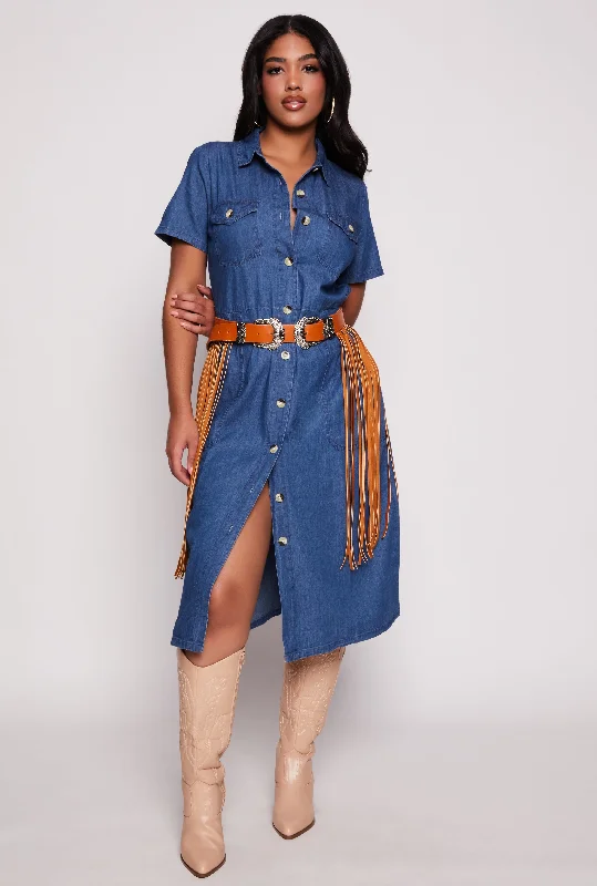 Women's Square-Neck DressesDenim Tie Waist Belted Shirt Dress